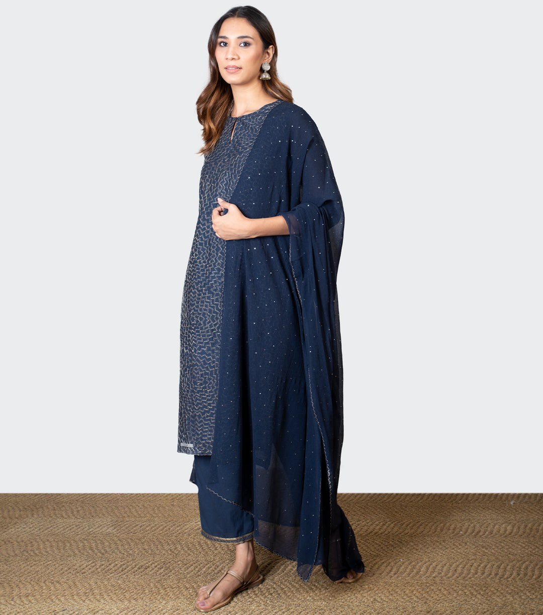 Navy Blue Zari Embroidered Chanderi Kurta with Cotton Pants and Chiffon Dupatta - Set of 3