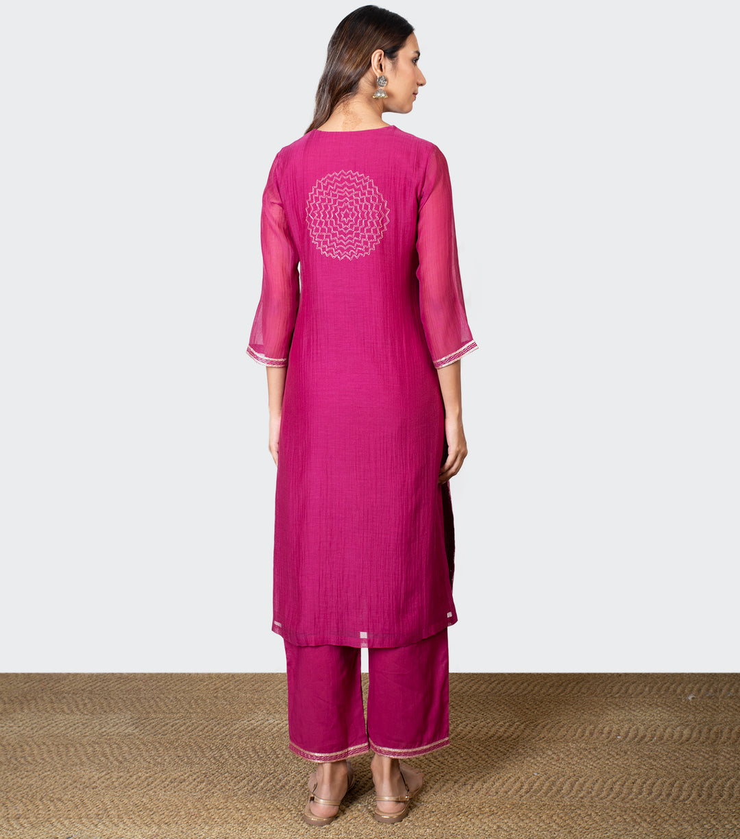 Magenta Zari Embroidered Chanderi Kurta with Cotton Pants and Chiffon Dupatta - Set of 3