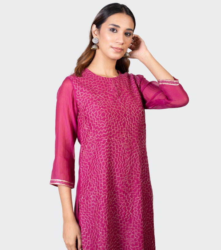 Magenta Zari Embroidered Chanderi Kurta with Cotton Pants and Chiffon Dupatta - Set of 3