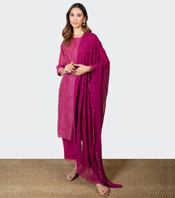 Magenta Zari Embroidered Chanderi Kurta with Cotton Pants and Chiffon Dupatta - Set of 3