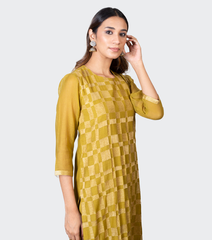 Mustard Yellow Embroidered Chanderi Kurta with Pants and Chiffon Dupatta - Set of 3