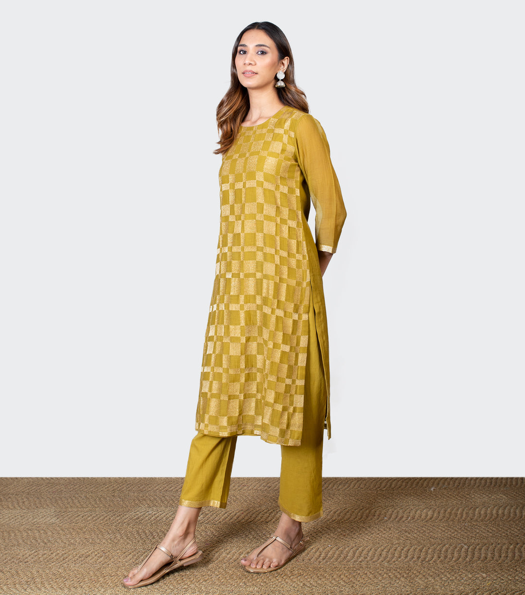 Mustard Yellow Embroidered Chanderi Kurta with Pants and Chiffon Dupatta - Set of 3