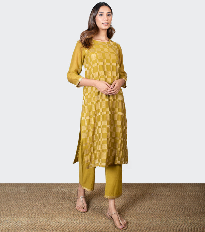 Mustard Yellow Embroidered Chanderi Kurta with Pants and Chiffon Dupatta - Set of 3