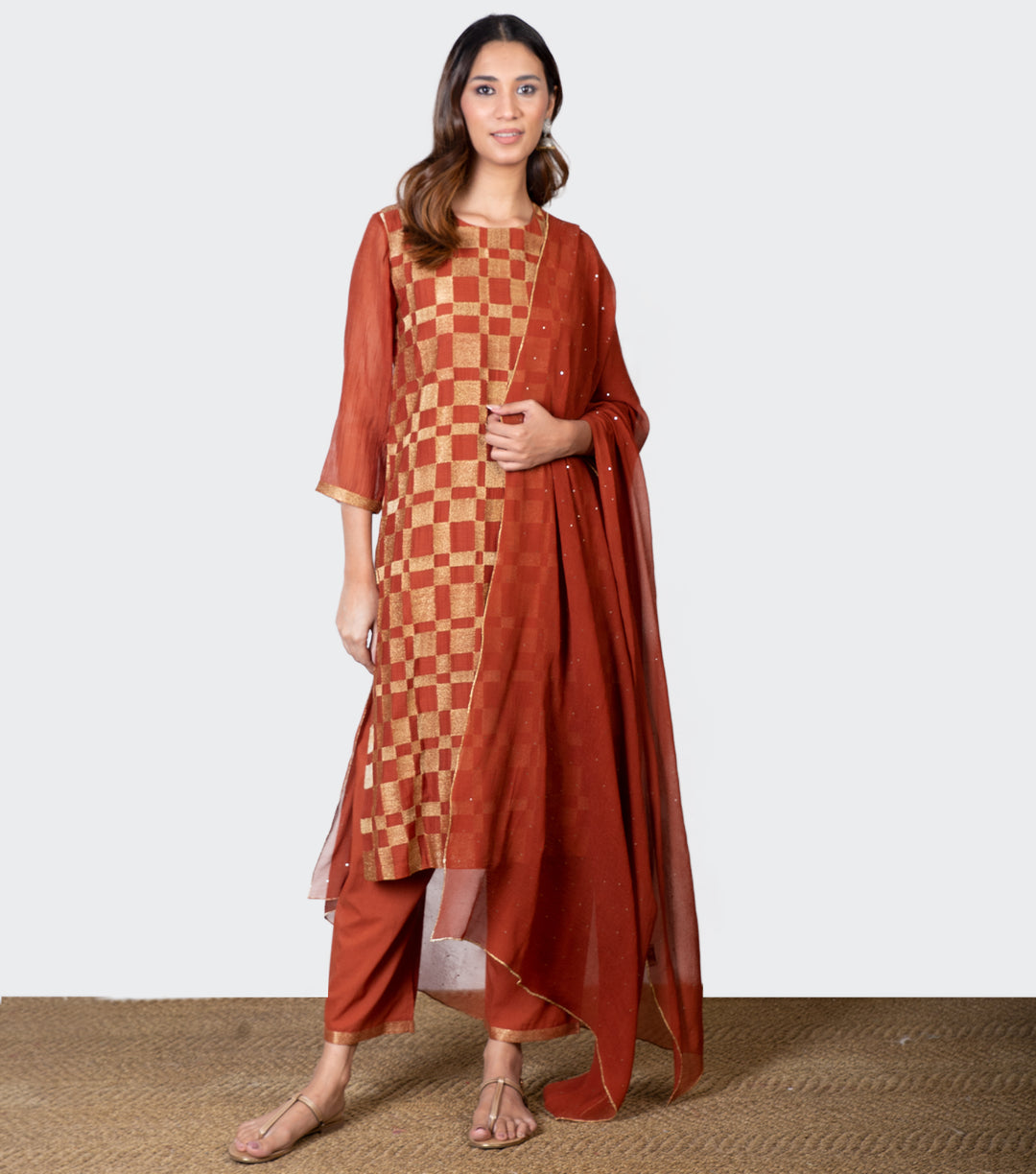 Rust Zari Embroidered Chanderi Kurta & Chiffon Dupatta Suit Set