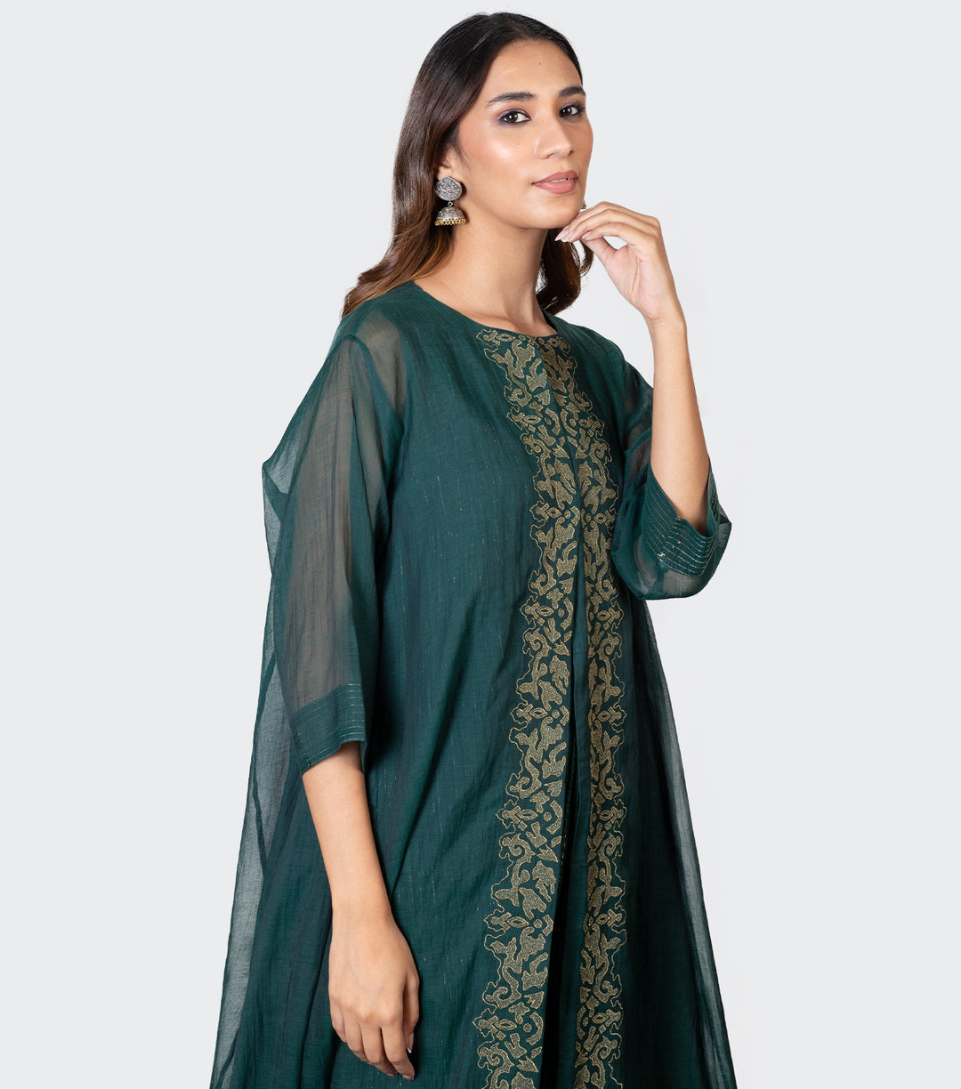 Emerald Green Embroidered Chanderi Cape & Pants Set