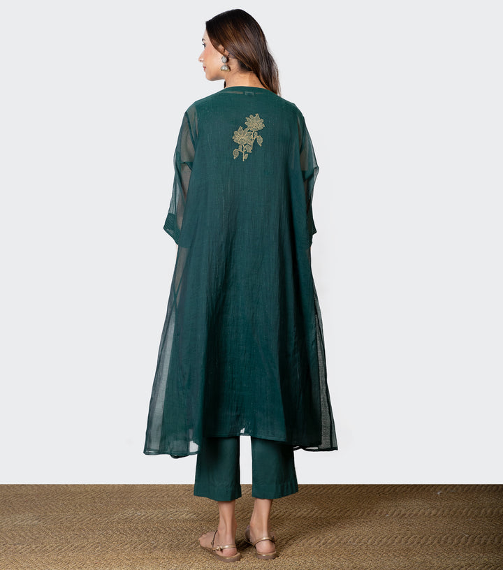 Emerald Green Embroidered Chanderi Cape & Pants Set