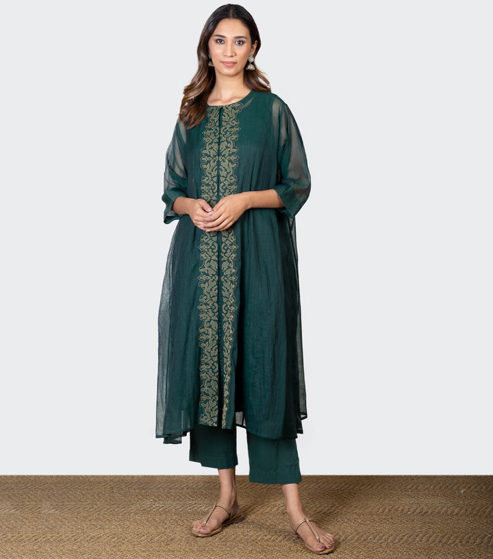 Emerald Green Embroidered Chanderi Cape & Pants Set