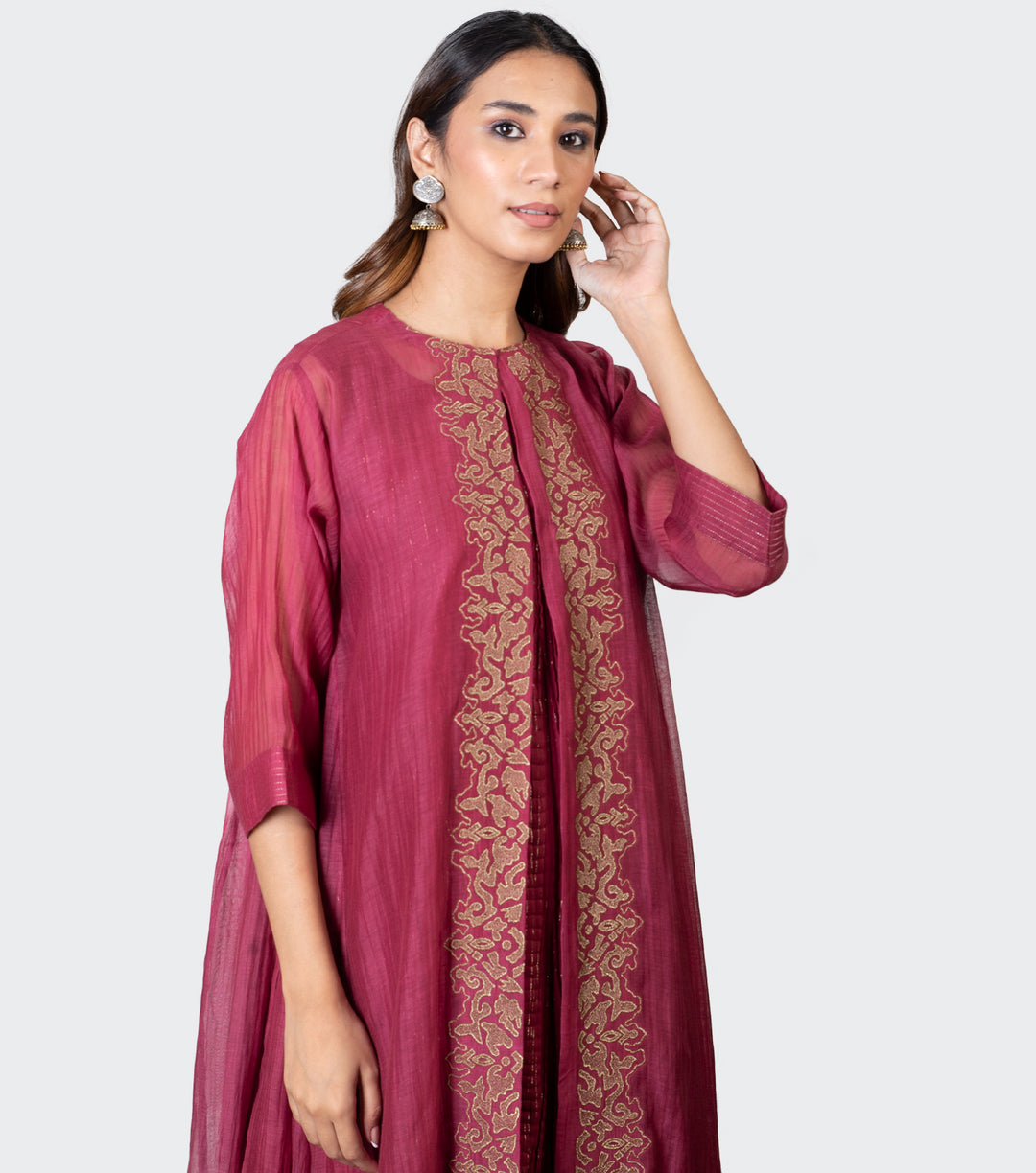 Maroon embroidered Chanderi Cape & Pants Set