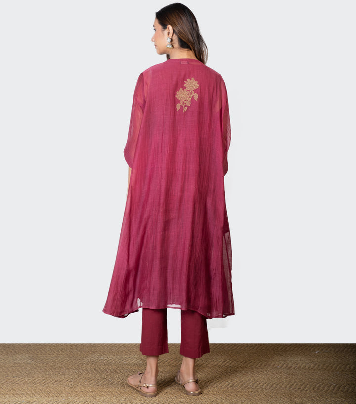 Maroon embroidered Chanderi Cape & Pants Set