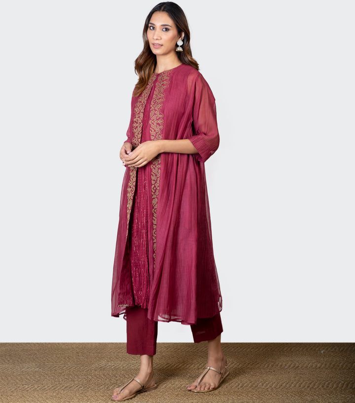 Maroon embroidered Chanderi Cape & Pants Set