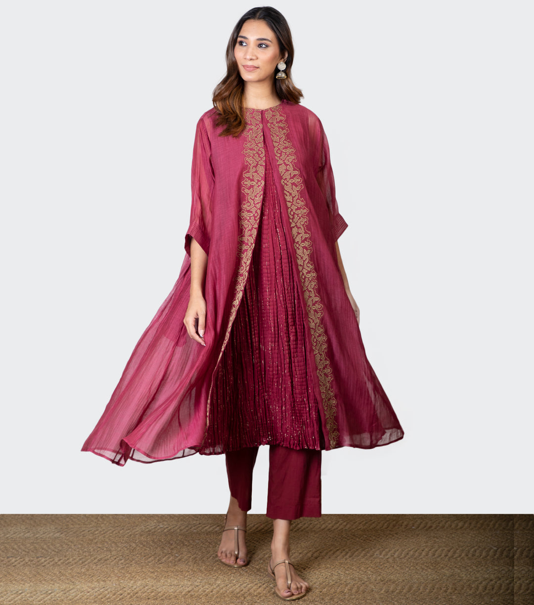 Maroon embroidered Chanderi Cape & Pants Set