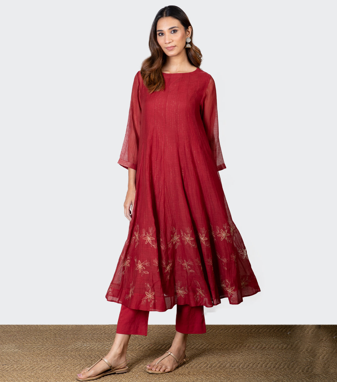 Red Zari Embroidered Chanderi Kurta with Slip and Pants - Set of 2