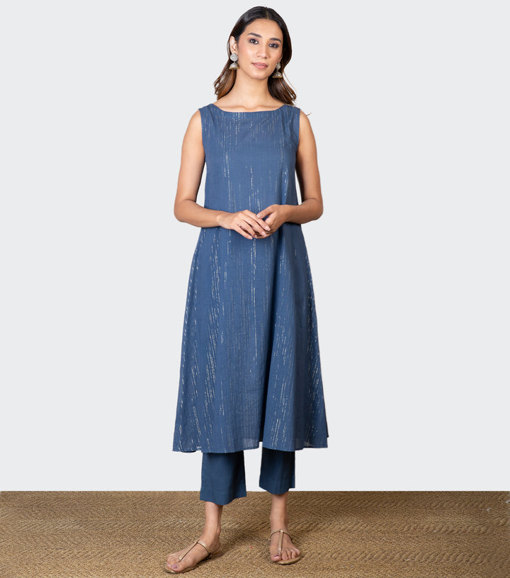 Blue Zari Embroidered Chanderi Kurta with Slip and Pants - Set of 2