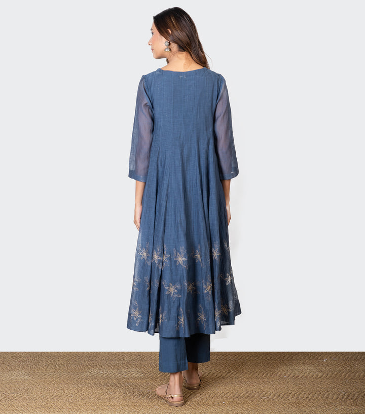 Blue Zari Embroidered Chanderi Kurta with Slip and Pants - Set of 2