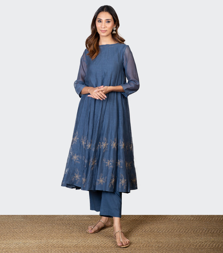 Blue Zari Embroidered Chanderi Kurta with Slip and Pants - Set of 2