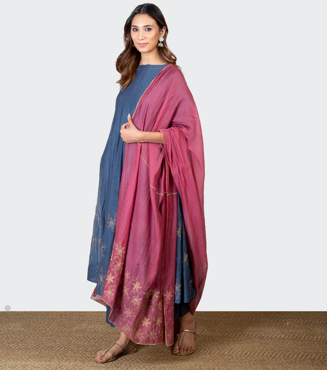 Pink Zari Embroidered Chanderi Dupatta