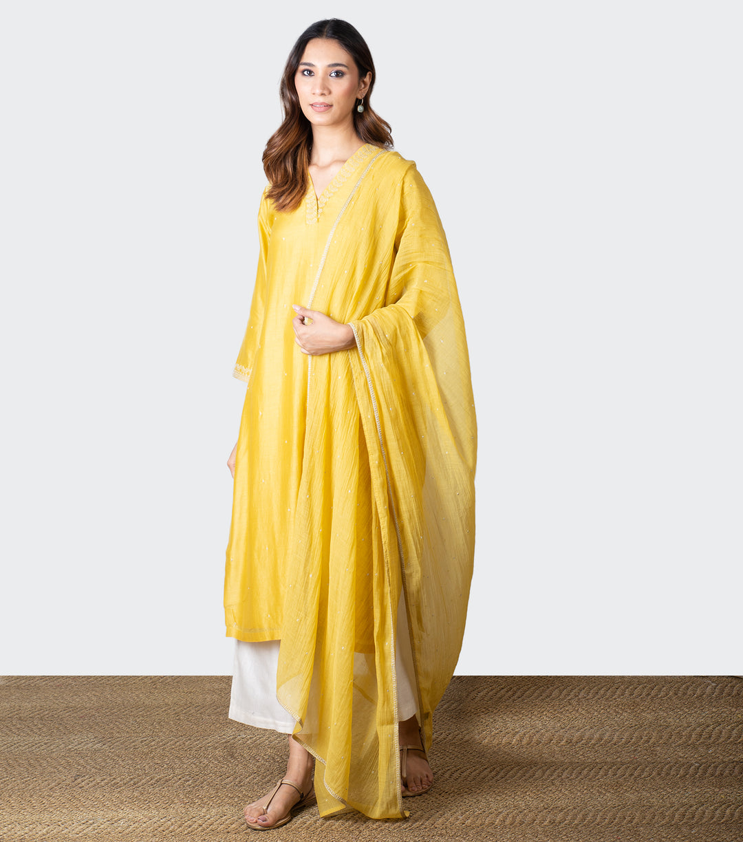 Yellow Embroidered Chanderi Kurta with Duaptta - Set of 2