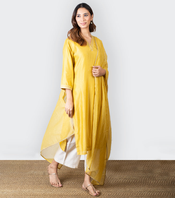 Yellow Embroidered Chanderi Kurta with Duaptta - Set of 2