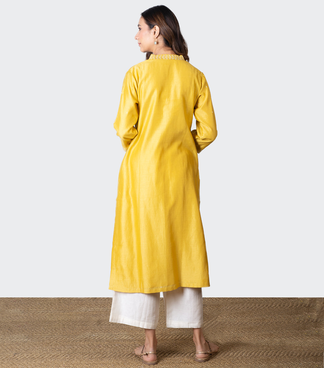 Yellow Embroidered Chanderi Kurta with Duaptta - Set of 2