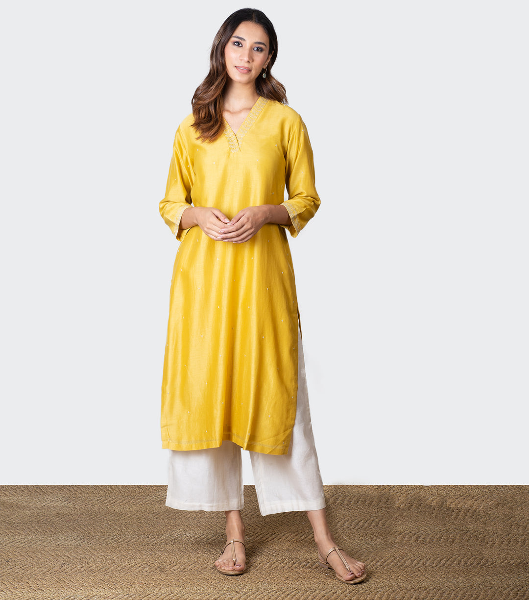 Yellow Embroidered Chanderi Kurta with Duaptta - Set of 2