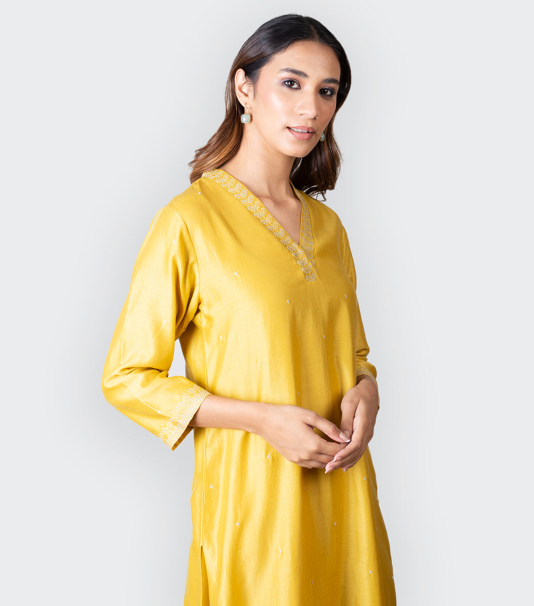 Yellow Embroidered Chanderi Kurta with Duaptta - Set of 2