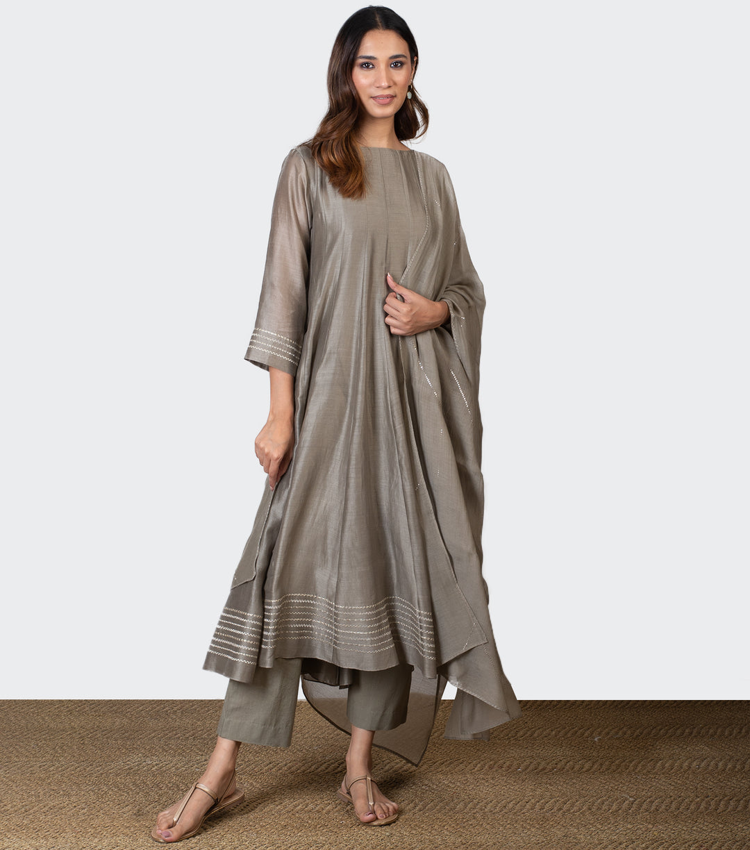 Grey Embroidered Chanderi Dupatta