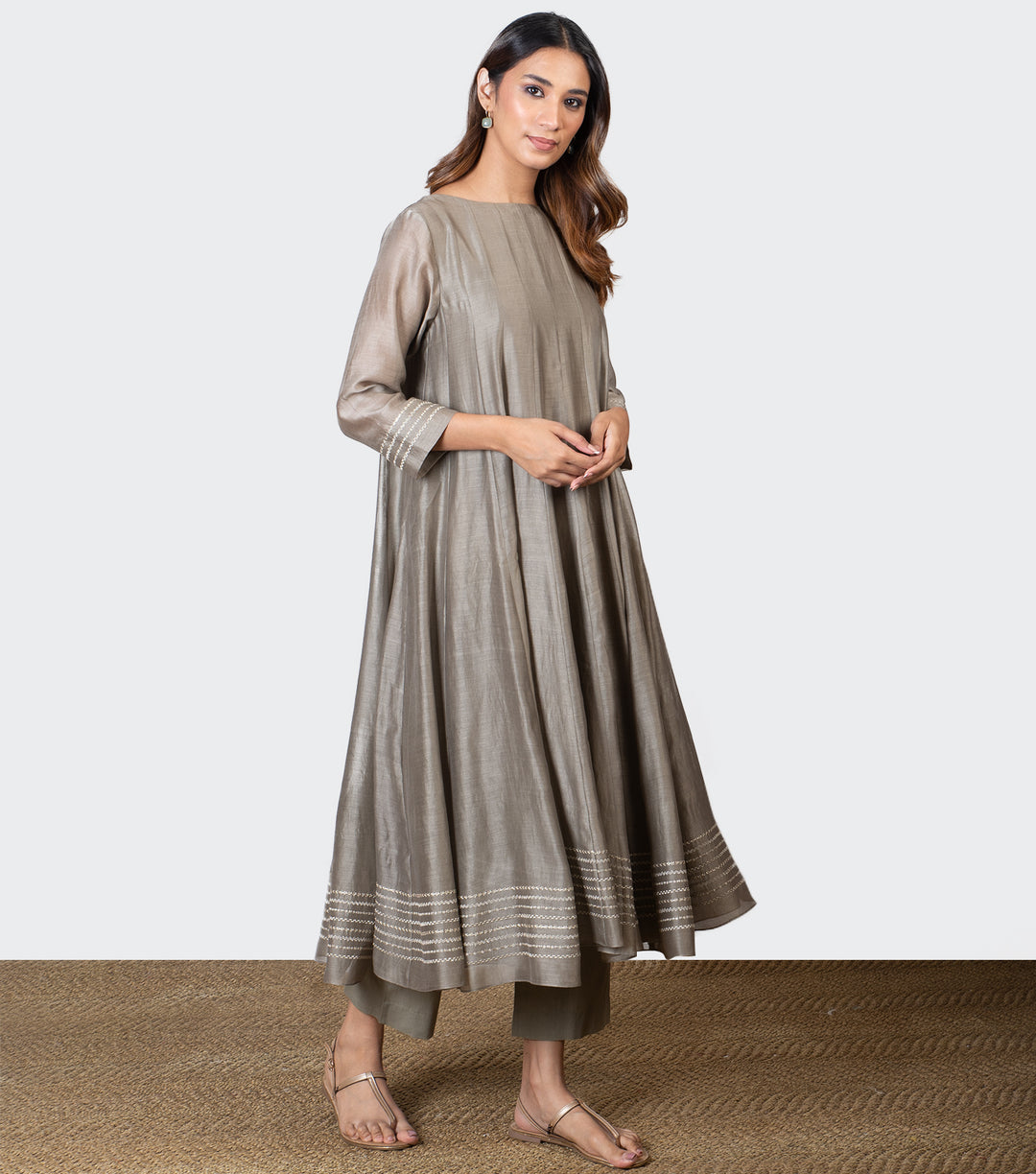 Greenish Grey Chanderi Cotton Kurta with Pants - Set of 2