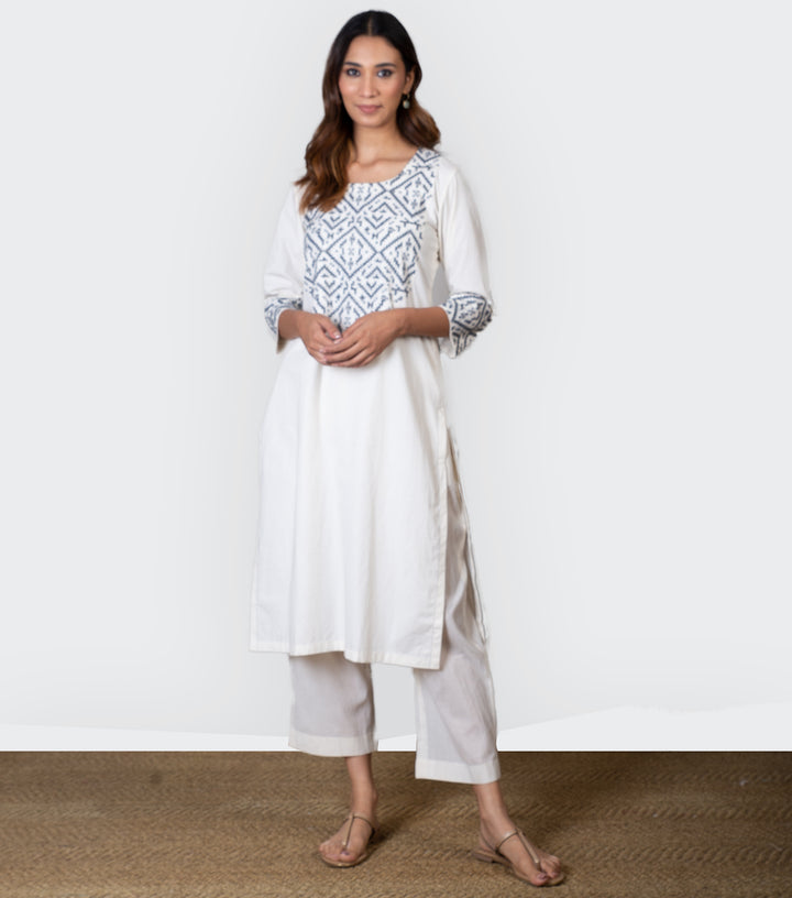 Ivory Embroidered Cotton Kurta & Chanderi Dupatta Set