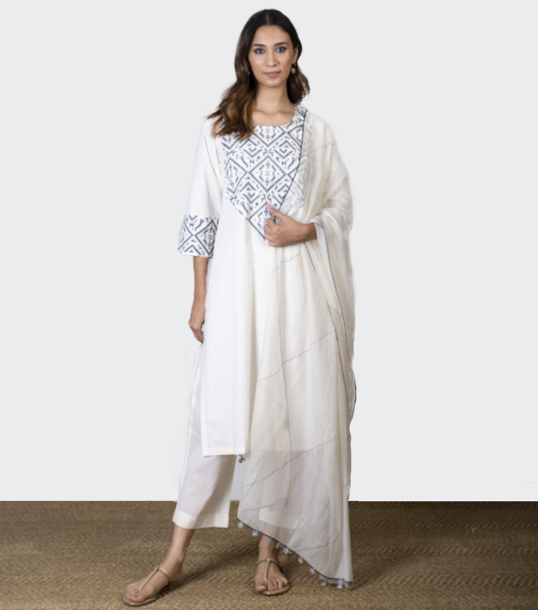 Ivory Embroidered Cotton Kurta & Chanderi Dupatta Set