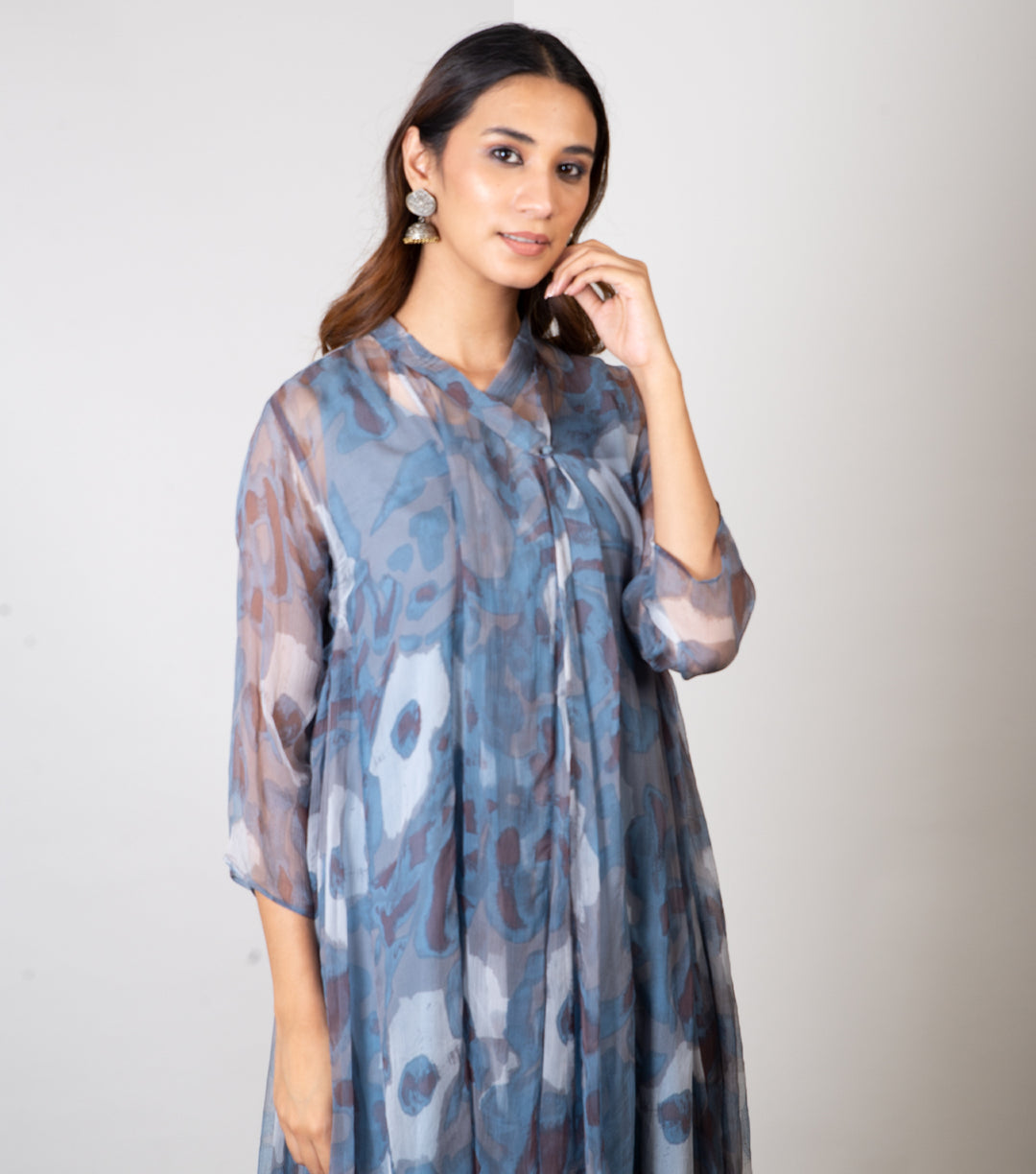 Blue Printed Chiffon Choga