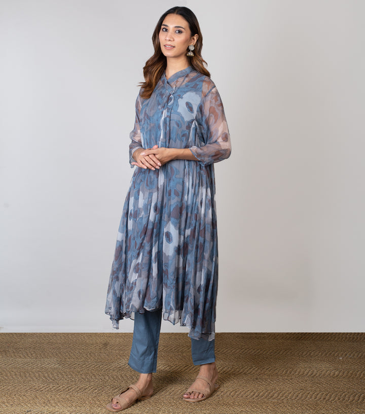 Blue Printed Chiffon Choga