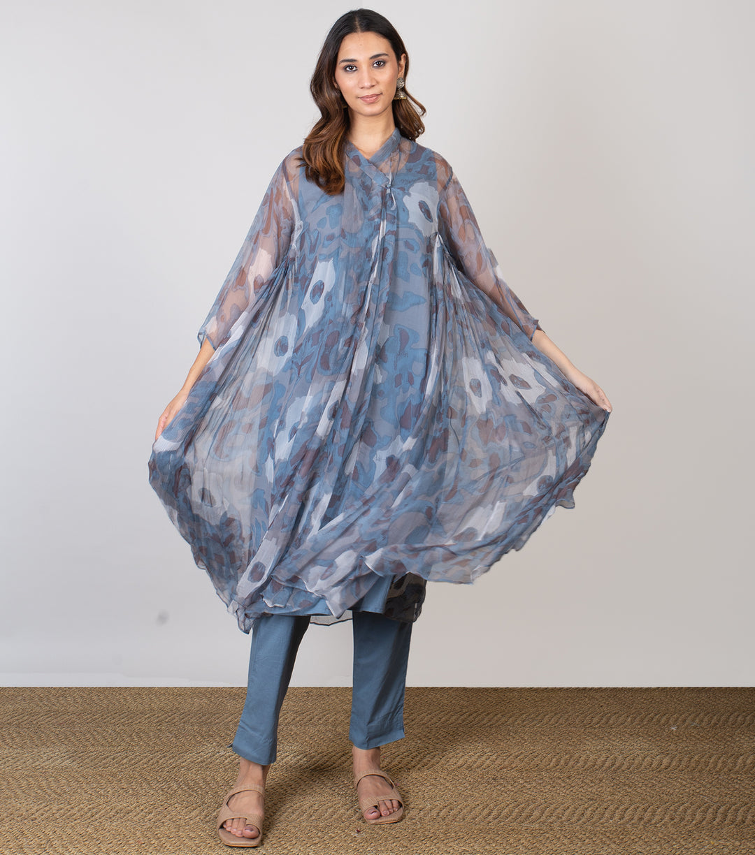 Blue Printed Chiffon Choga