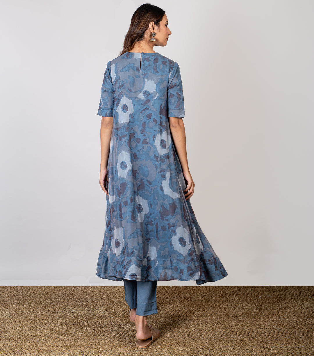 Blue Printed Chiffon A-line Kurta