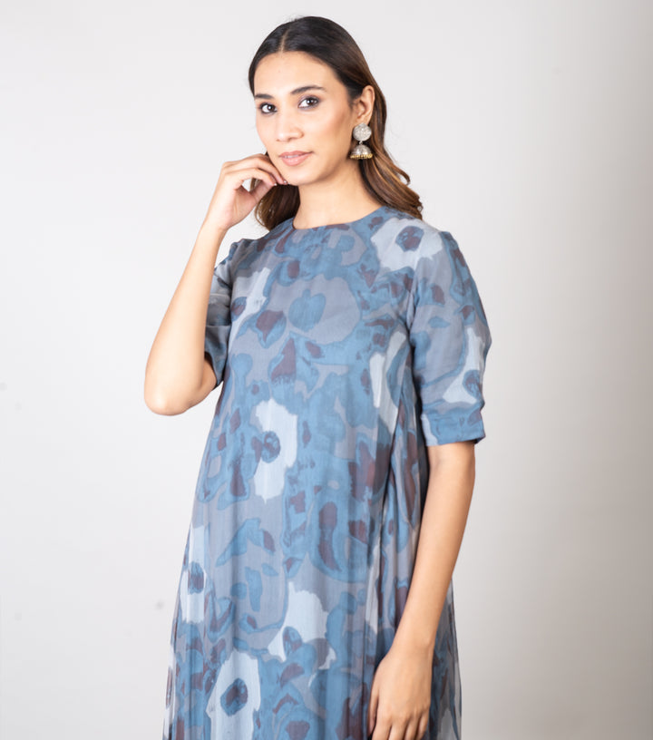 Blue Printed Chiffon A-line Kurta