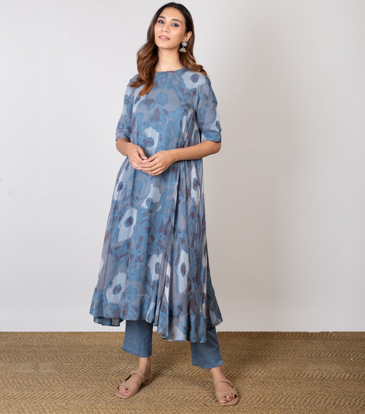 Blue Printed Chiffon A-line Kurta