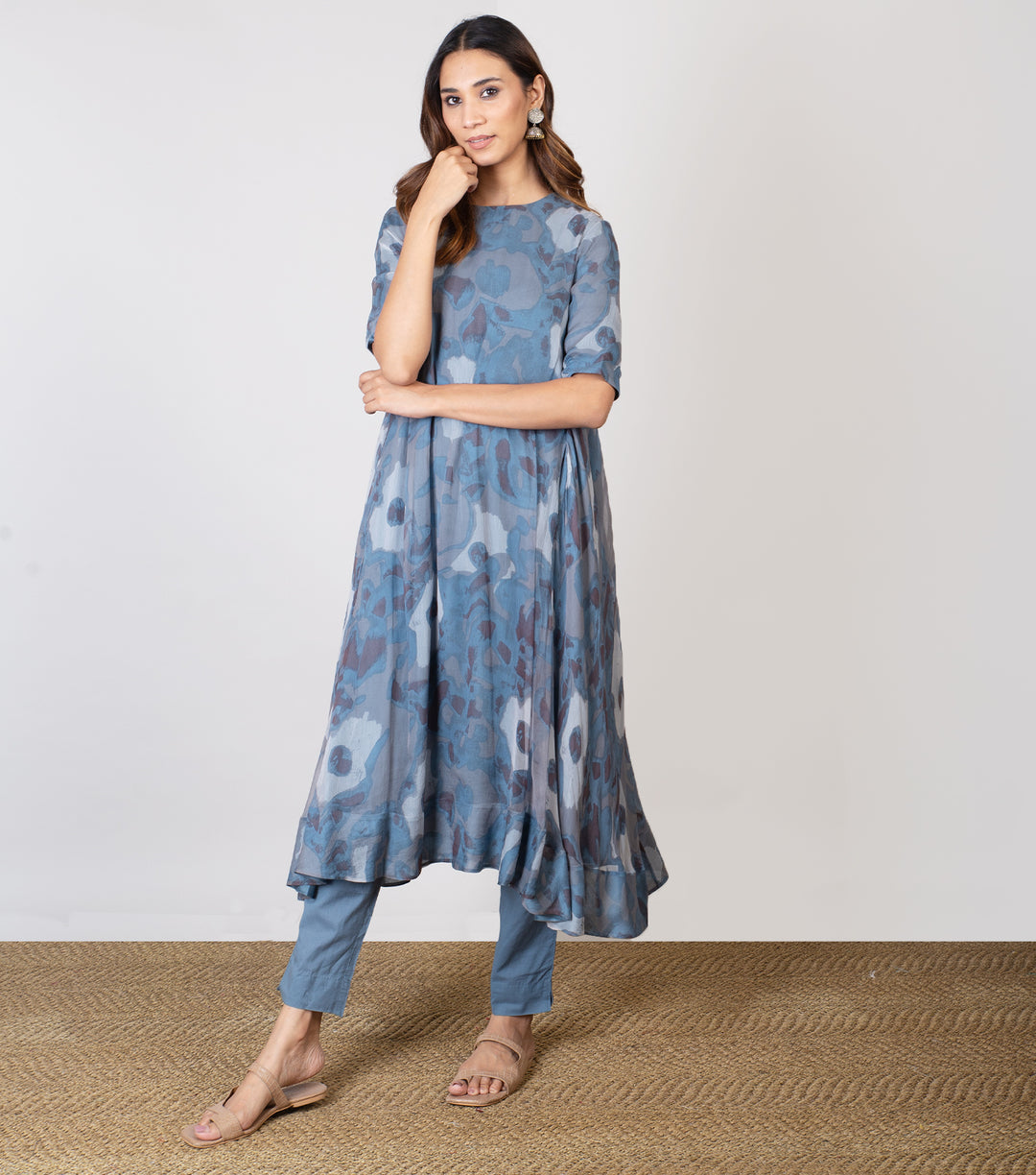 Blue Printed Chiffon A-line Kurta