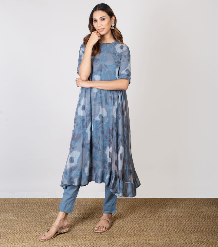 Blue Printed Chiffon A-line Kurta