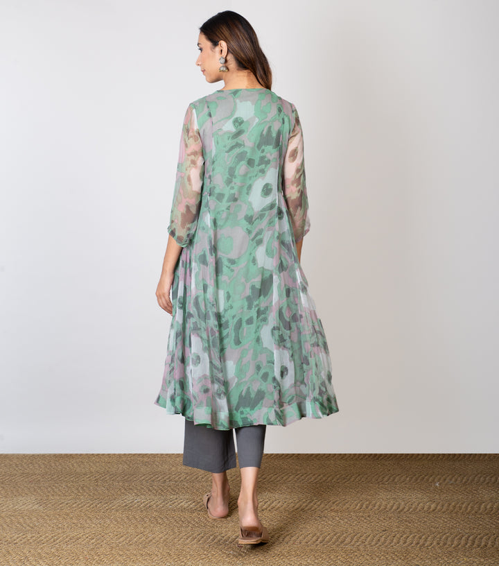 Green Printed Chiffon Kurta