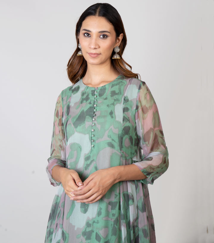 Green Printed Chiffon Kurta