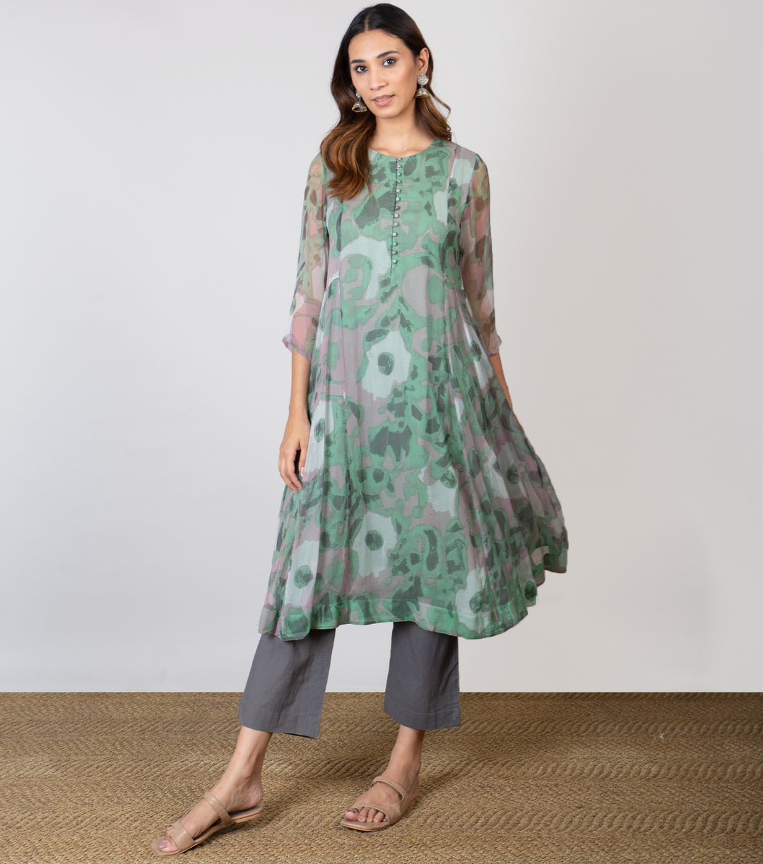 Green Printed Chiffon Kurta