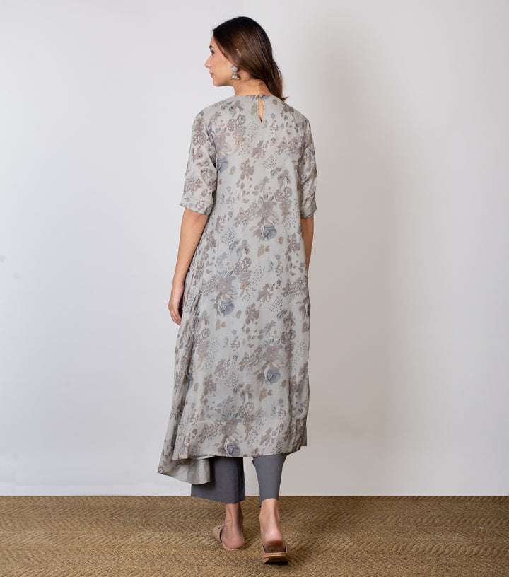 Grey Printed Chiffon A-line Kurta