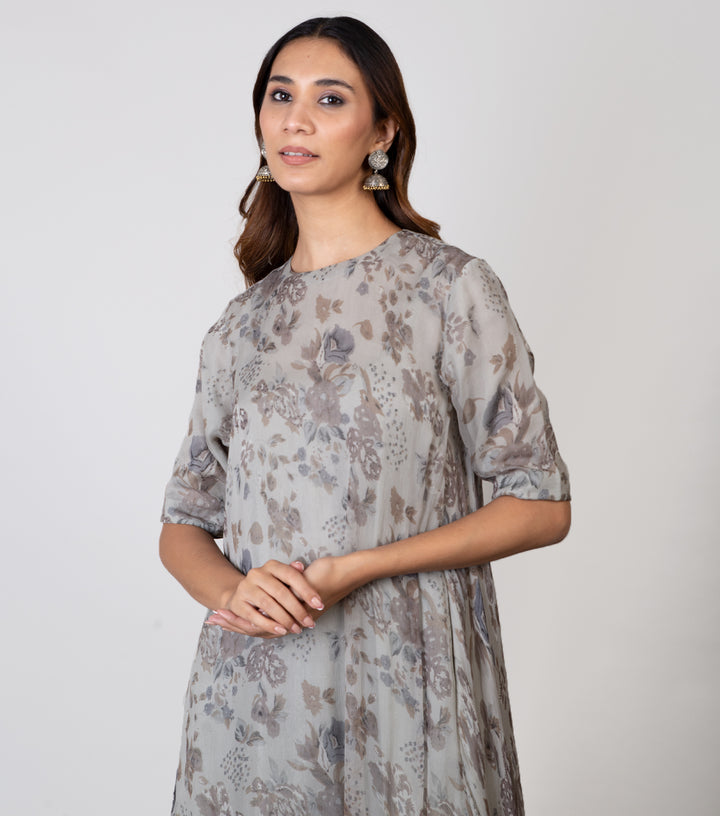 Grey Printed Chiffon A-line Kurta