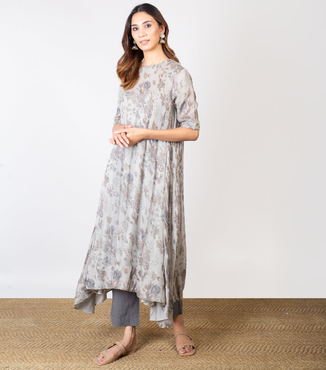 Grey Printed Chiffon A-line Kurta