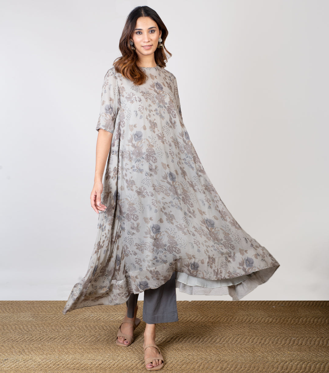 Grey Printed Chiffon A-line Kurta