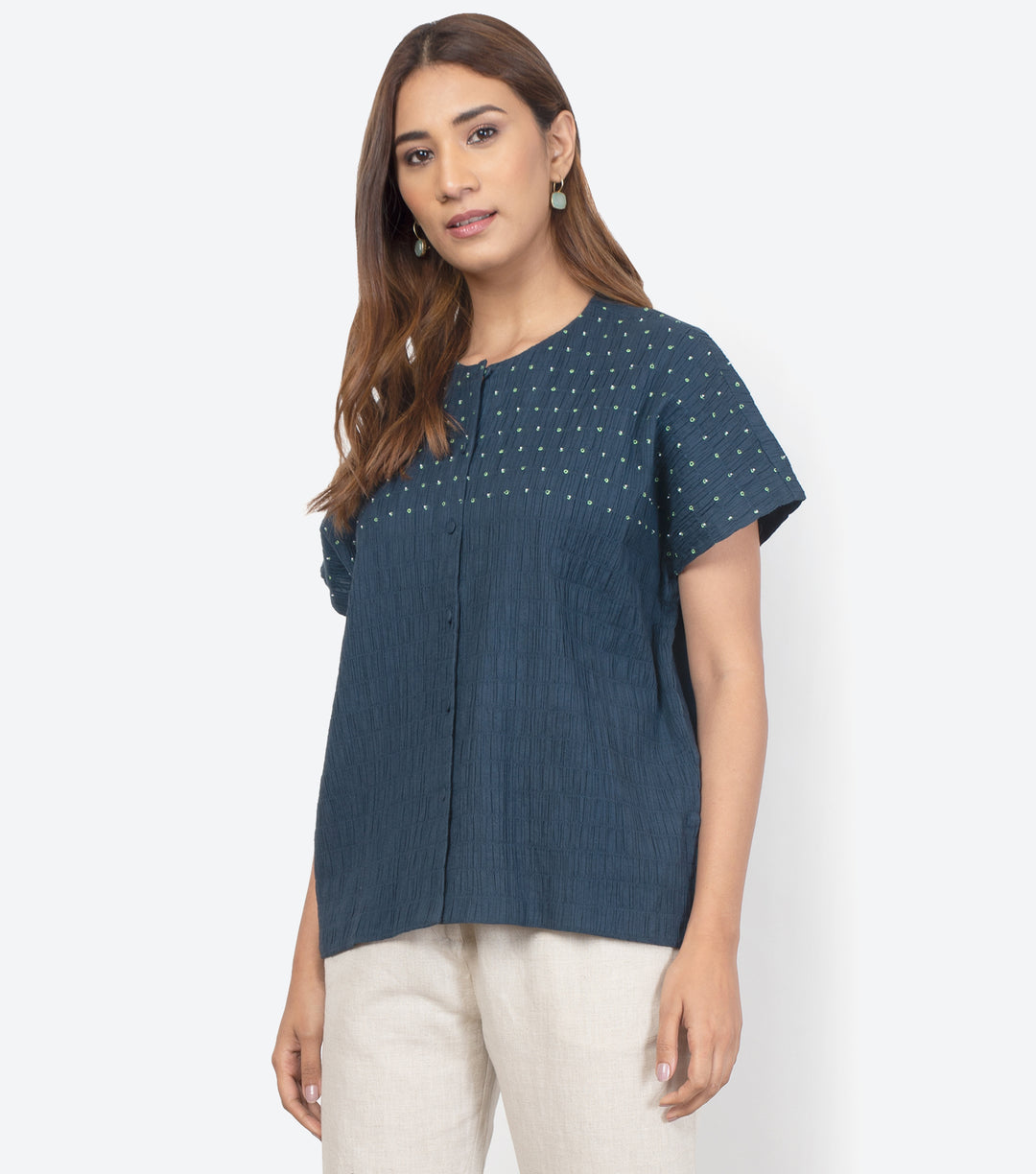 Navy Cotton Smocked Shirt