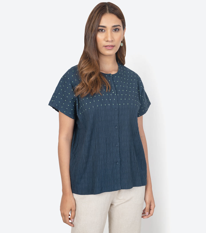 Navy Cotton Smocked Shirt