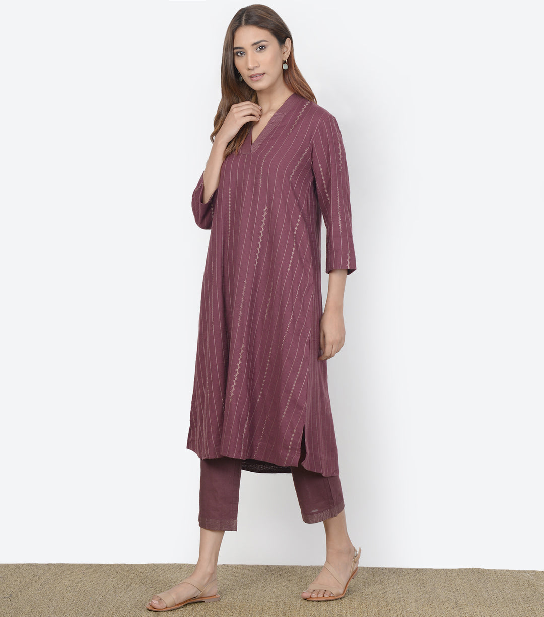 Plum Cotton Linen kurta & Pants Set