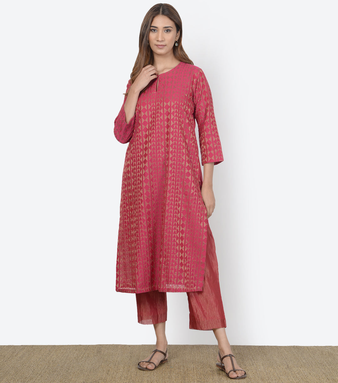 Rani Pink Chanderi Kurta & Tissue Pants Set