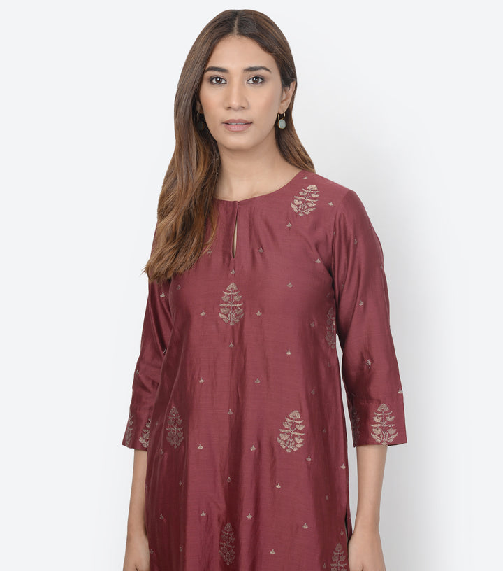 Maroon Embroidered Chanderi Suit Set