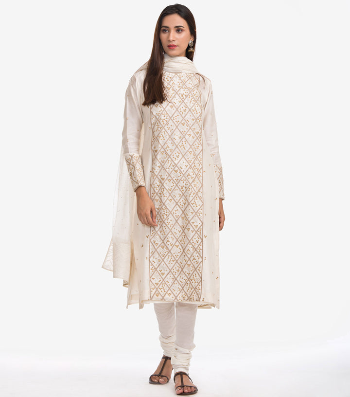 Off-White Chanderi Embroidered Kurta